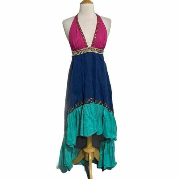 VIX by Paula Hermanny M‎ pink/blue color block hi/low halter dress - Picture 1 of 10